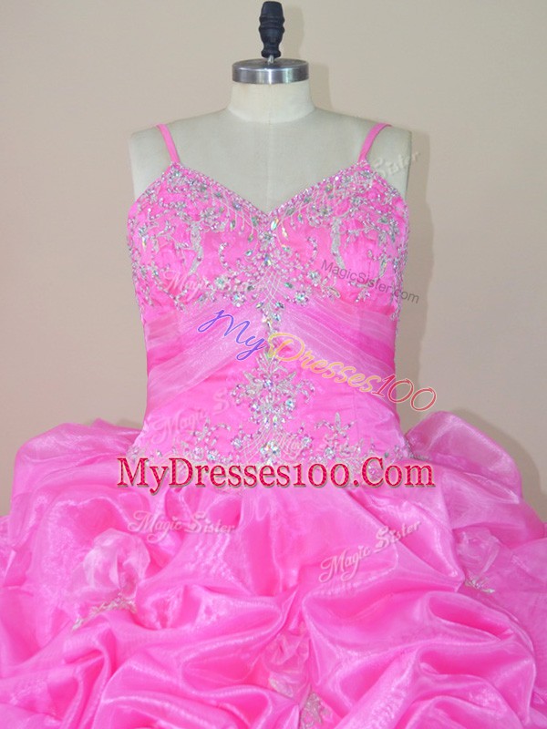 Lovely Baby Pink Ball Gowns Organza and Taffeta Straps Sleeveless Beading and Appliques and Pick Ups Lace Up Quinceanera Gown Brush Train