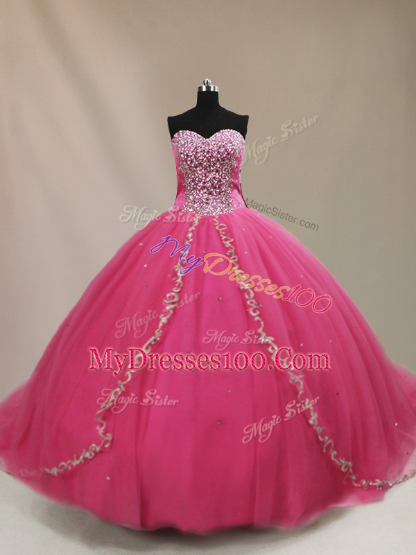 Hot Pink Tulle Lace Up Vestidos de Quinceanera Sleeveless Court Train Beading