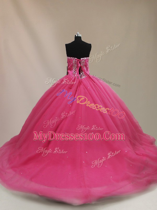 Hot Pink Tulle Lace Up Vestidos de Quinceanera Sleeveless Court Train Beading