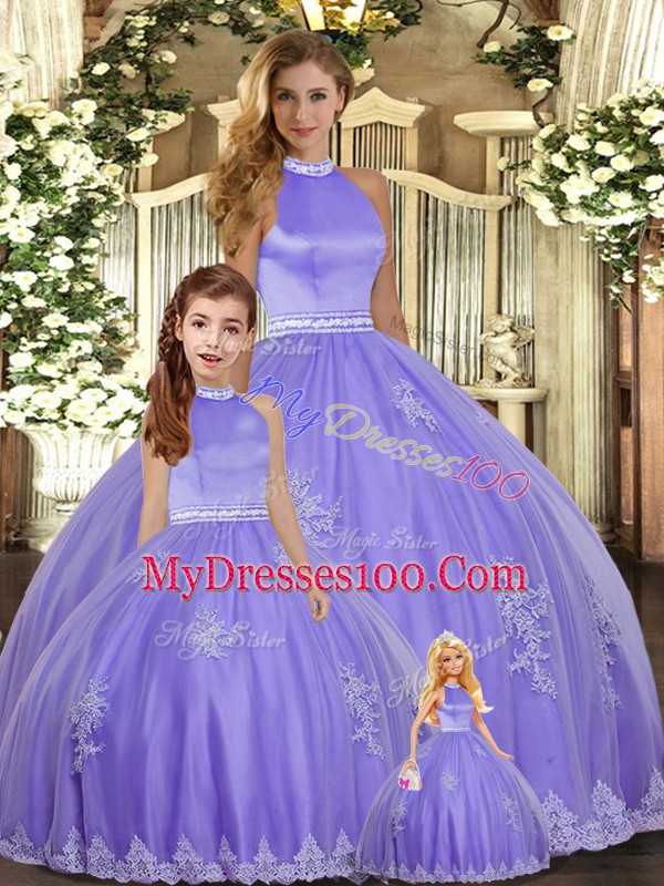 Custom Made Lavender Backless Quinceanera Gowns Beading and Appliques Sleeveless Floor Length