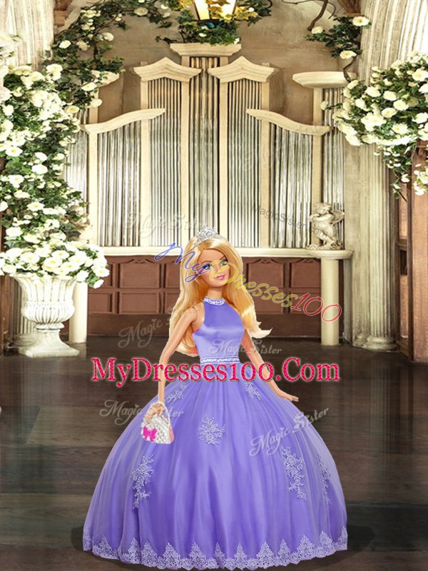 Custom Made Lavender Backless Quinceanera Gowns Beading and Appliques Sleeveless Floor Length