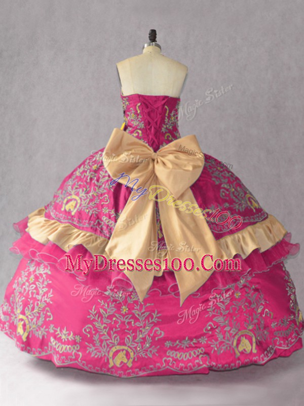 High Class Sleeveless Satin and Organza Lace Up Quinceanera Dress in Hot Pink with Embroidery