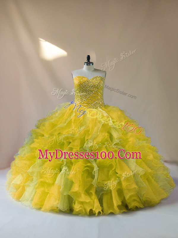 Latest Multi-color Lace Up Quinceanera Gown Beading and Ruffles Sleeveless Floor Length