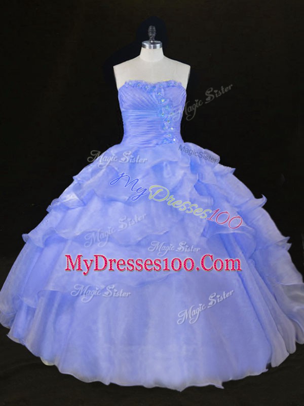 Fine Floor Length Lavender Quince Ball Gowns Organza Sleeveless Ruffles and Hand Made Flower