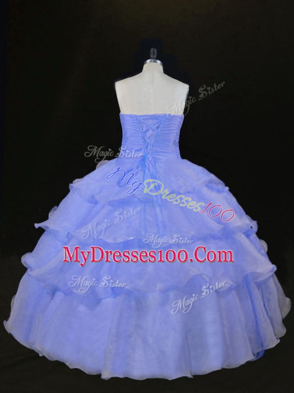 Fine Floor Length Lavender Quince Ball Gowns Organza Sleeveless Ruffles and Hand Made Flower