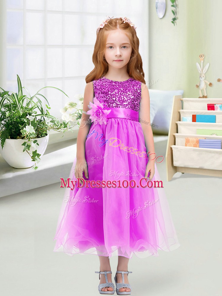 Scoop Sleeveless Organza Flower Girl Dresses Sequins and Hand Made Flower Zipper