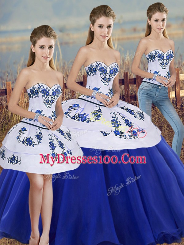 Gorgeous Floor Length Lace Up Quinceanera Dress Royal Blue for Military Ball and Sweet 16 and Quinceanera with Embroidery and Bowknot