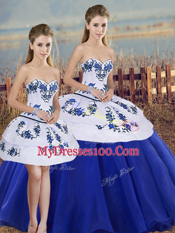 Gorgeous Floor Length Lace Up Quinceanera Dress Royal Blue for Military Ball and Sweet 16 and Quinceanera with Embroidery and Bowknot