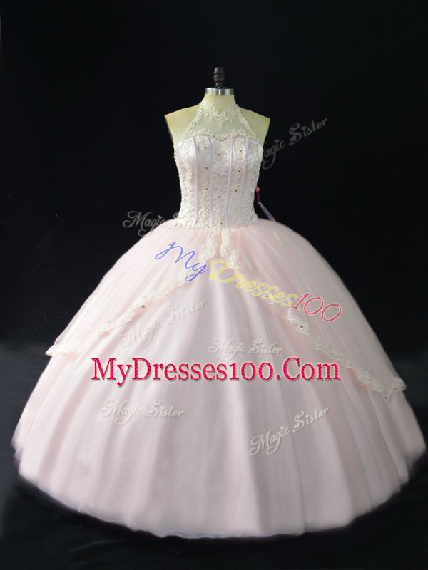 Fashionable Pink Lace Up Quinceanera Dresses Beading and Appliques Sleeveless Floor Length