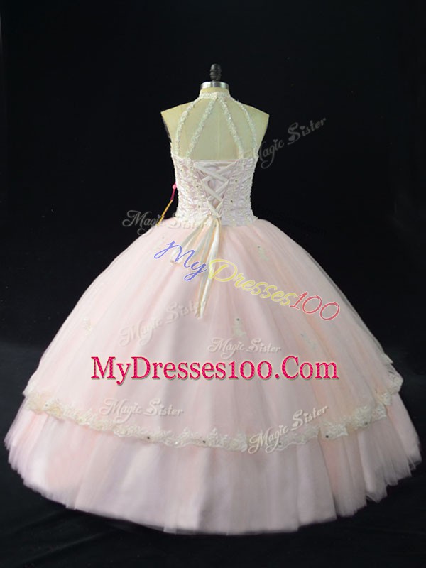 Fashionable Pink Lace Up Quinceanera Dresses Beading and Appliques Sleeveless Floor Length