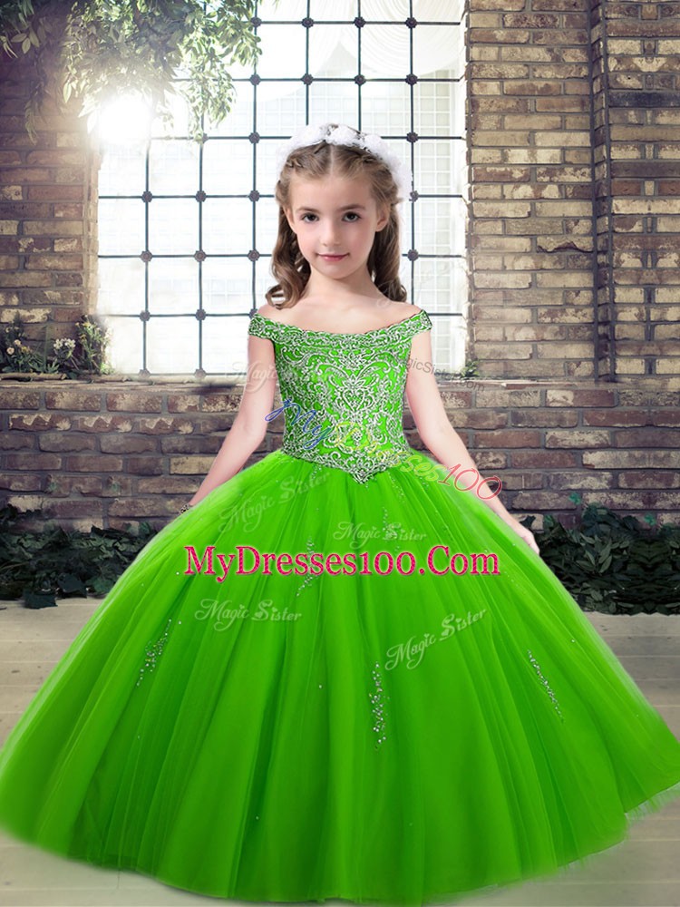 Pretty Ball Gowns Tulle Off The Shoulder Sleeveless Beading Floor Length Lace Up Little Girls Pageant Gowns