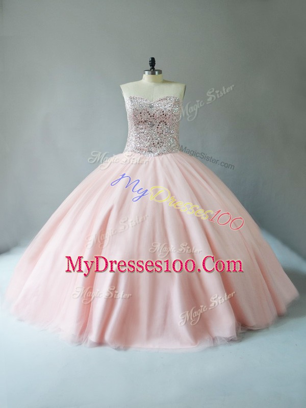 Peach Ball Gowns Beading Sweet 16 Quinceanera Dress Lace Up Tulle Sleeveless Floor Length