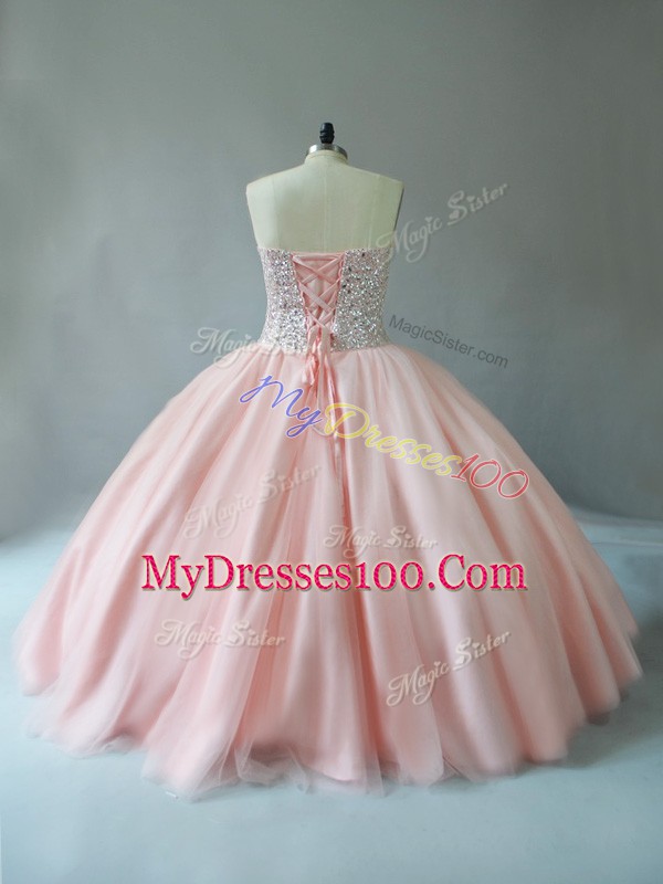 Peach Ball Gowns Beading Sweet 16 Quinceanera Dress Lace Up Tulle Sleeveless Floor Length