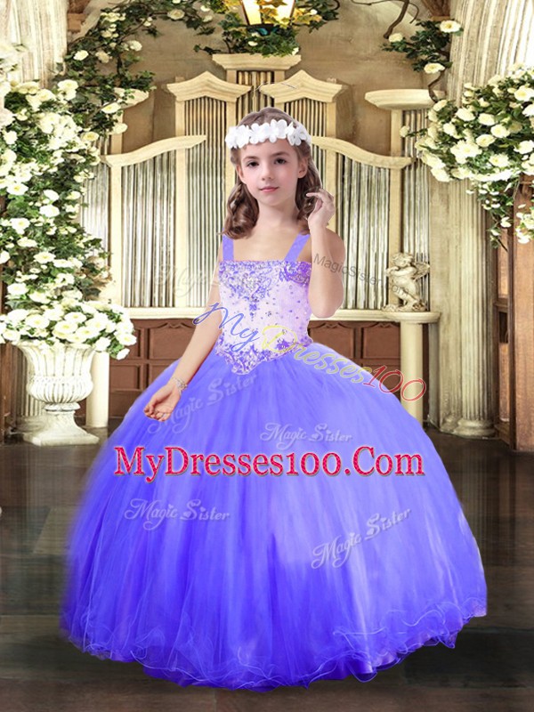 Lovely Floor Length Blue Child Pageant Dress Straps Sleeveless Lace Up