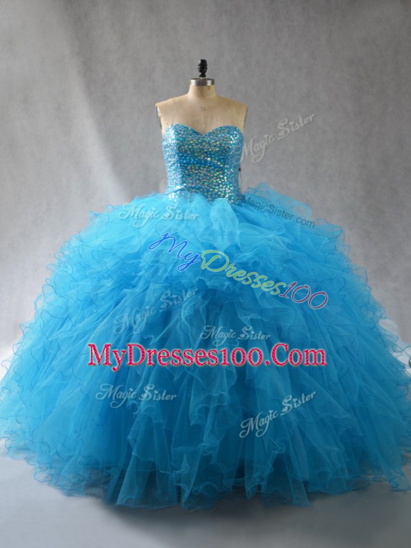 Classical Sleeveless Tulle Floor Length Lace Up 15 Quinceanera Dress in Baby Blue with Beading and Ruffles