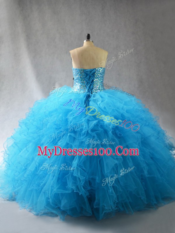 Classical Sleeveless Tulle Floor Length Lace Up 15 Quinceanera Dress in Baby Blue with Beading and Ruffles