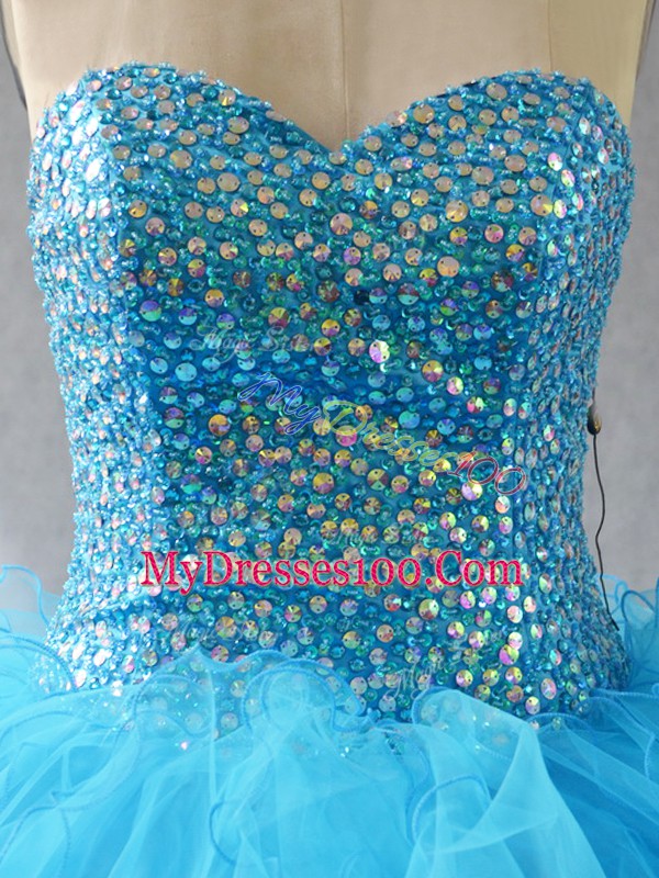 Classical Sleeveless Tulle Floor Length Lace Up 15 Quinceanera Dress in Baby Blue with Beading and Ruffles