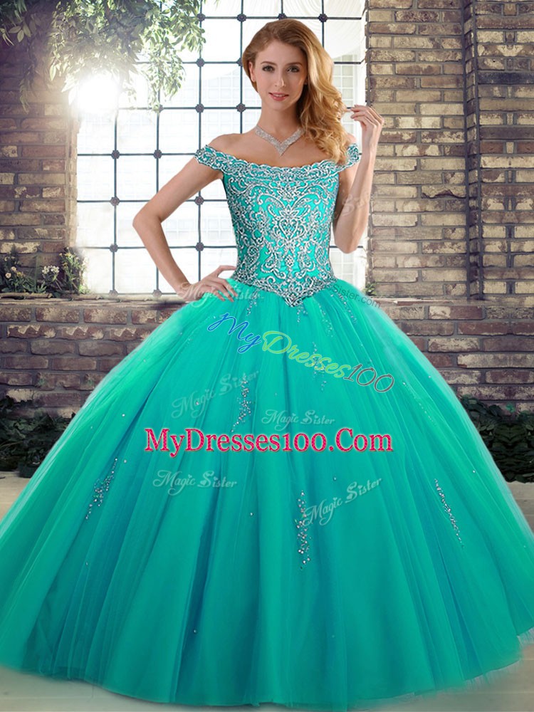 Eye-catching Turquoise Off The Shoulder Lace Up Beading Quinceanera Gowns Sleeveless