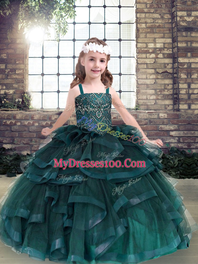 Sleeveless Lace Up Floor Length Beading and Ruffles Little Girls Pageant Dress