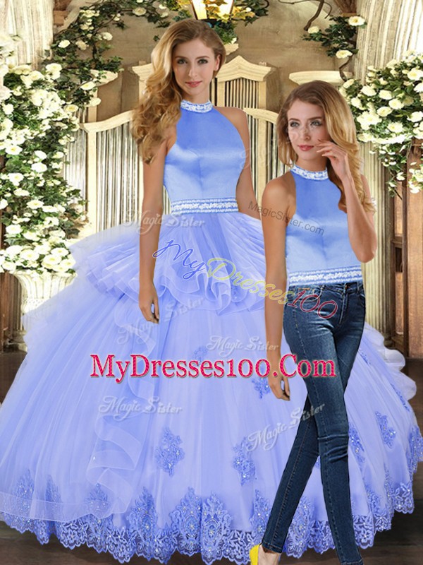 Lavender Two Pieces Tulle Halter Top Sleeveless Beading and Appliques Floor Length Backless Sweet 16 Quinceanera Dress
