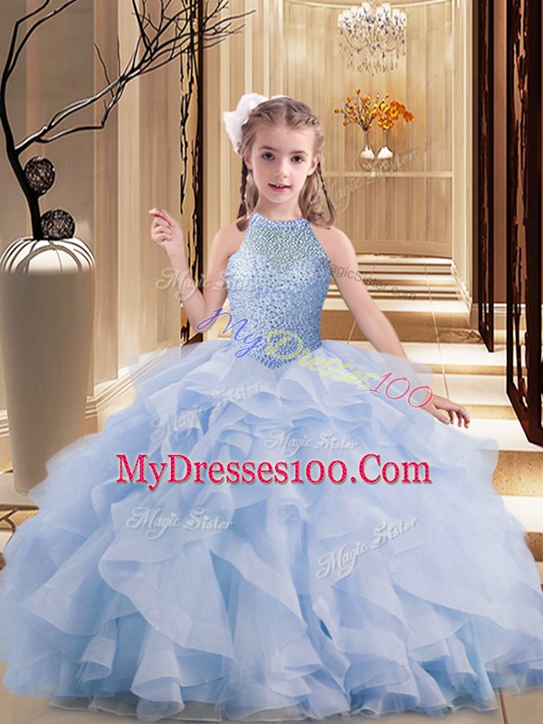 High-neck Sleeveless Tulle Pageant Gowns For Girls Beading Brush Train Lace Up