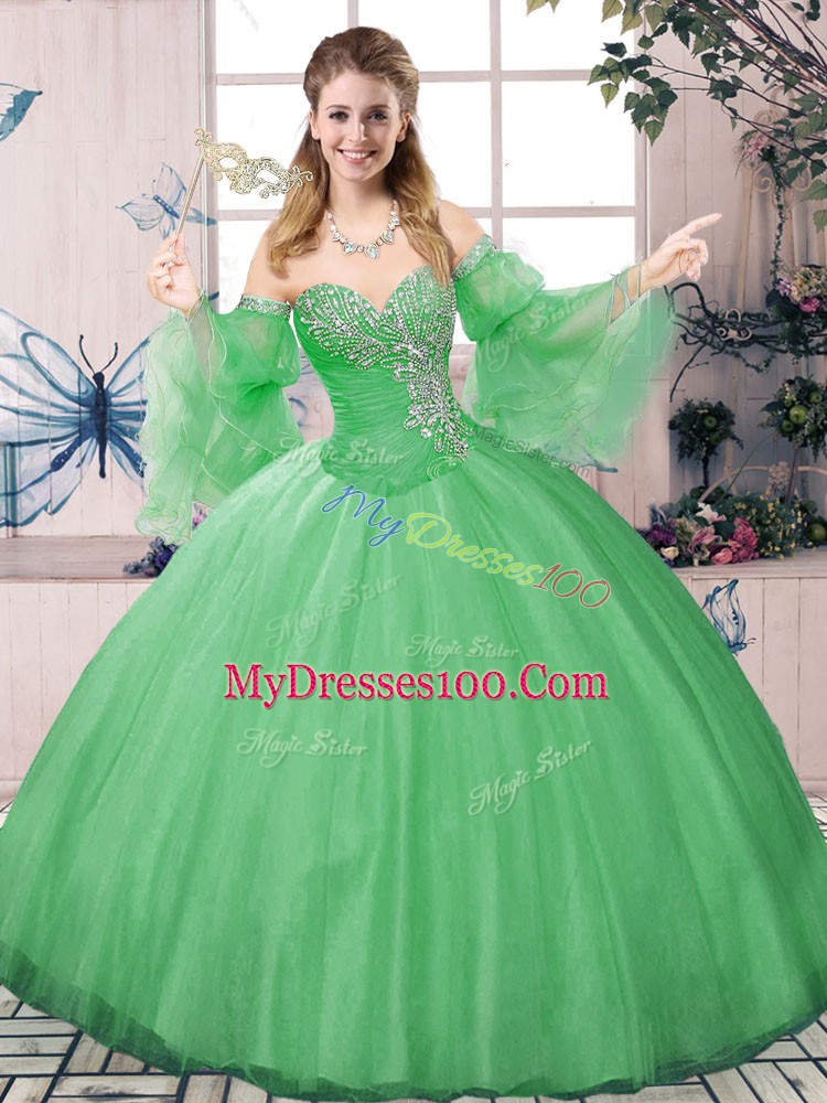 Green Sweetheart Neckline Beading Ball Gown Prom Dress Long Sleeves Lace Up