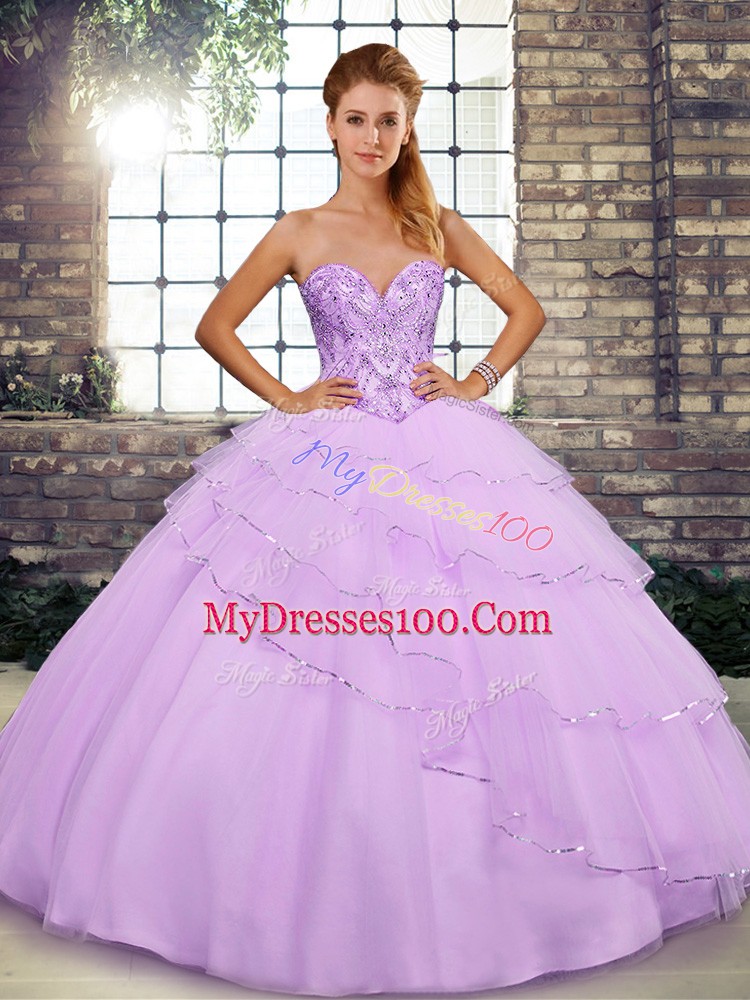 Dazzling Beading and Ruffled Layers Quinceanera Dresses Lilac Lace Up Sleeveless Brush Train