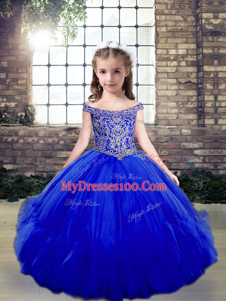 Perfect Floor Length Royal Blue Kids Formal Wear Off The Shoulder Sleeveless Side Zipper