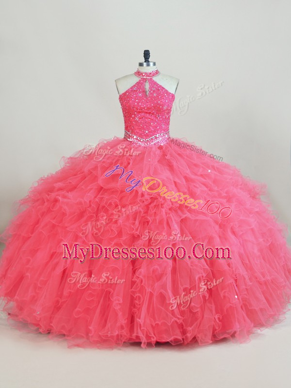 Best Pink Ball Gowns Beading and Ruffles Quinceanera Gowns Lace Up Tulle Sleeveless