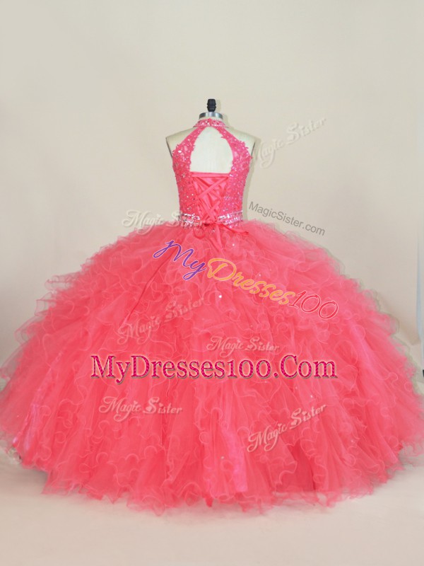 Best Pink Ball Gowns Beading and Ruffles Quinceanera Gowns Lace Up Tulle Sleeveless