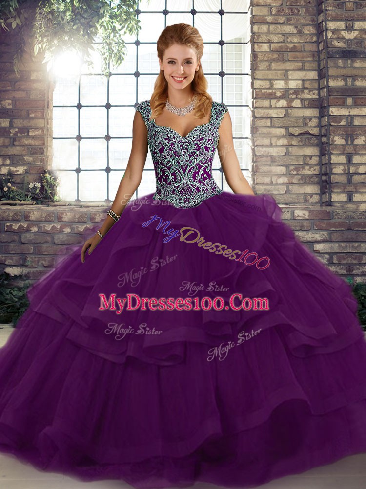 Super Straps Sleeveless Tulle 15th Birthday Dress Beading and Ruffles Lace Up