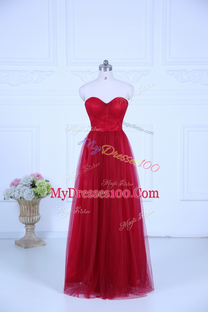 Flirting Floor Length Zipper Bridesmaid Gown Wine Red for Wedding Party with Ruching