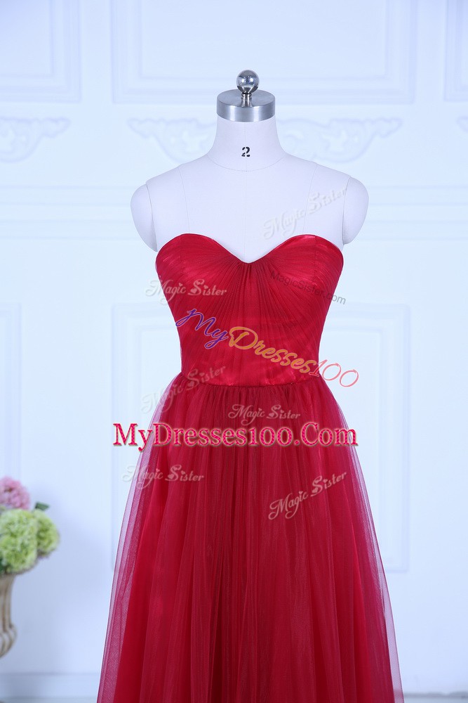 Flirting Floor Length Zipper Bridesmaid Gown Wine Red for Wedding Party with Ruching