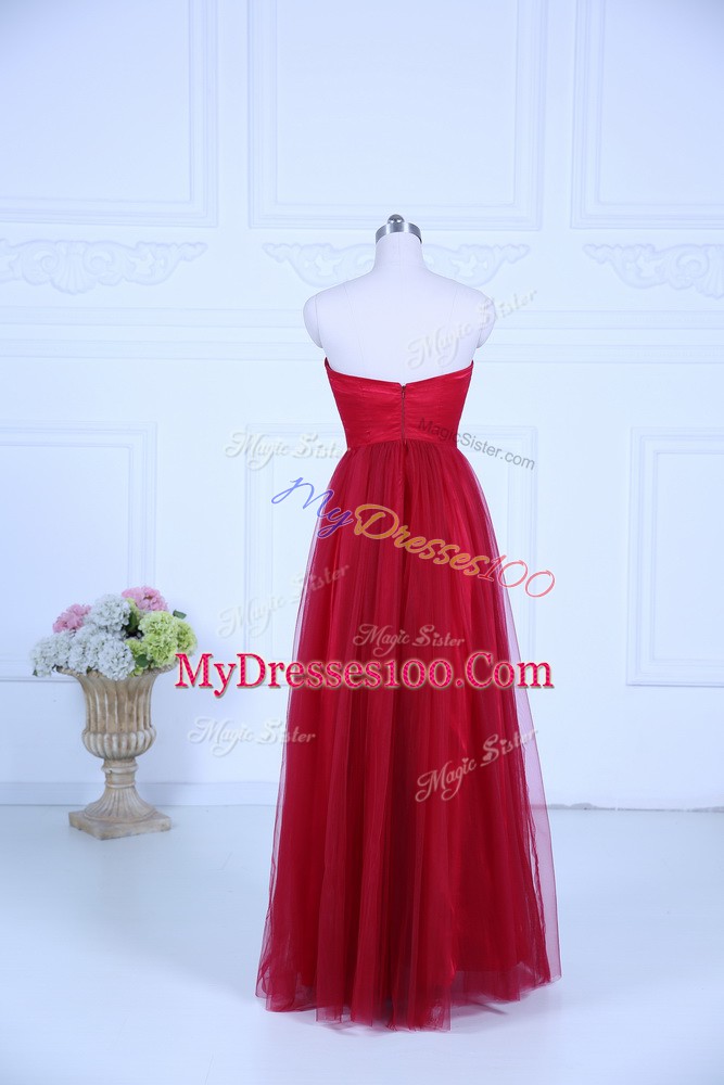 Flirting Floor Length Zipper Bridesmaid Gown Wine Red for Wedding Party with Ruching