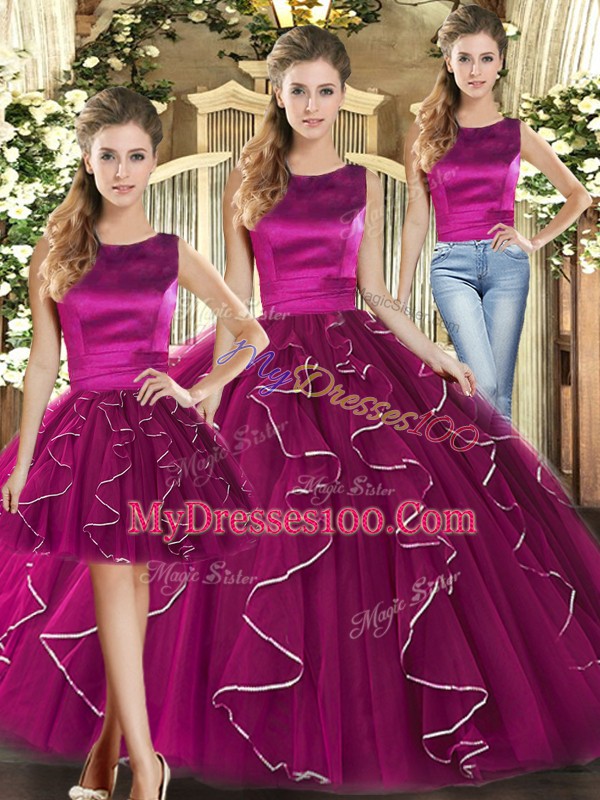 Scoop Sleeveless Lace Up Sweet 16 Quinceanera Dress Fuchsia Tulle