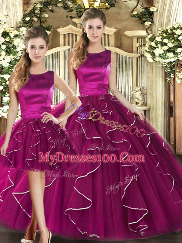 Scoop Sleeveless Lace Up Sweet 16 Quinceanera Dress Fuchsia Tulle