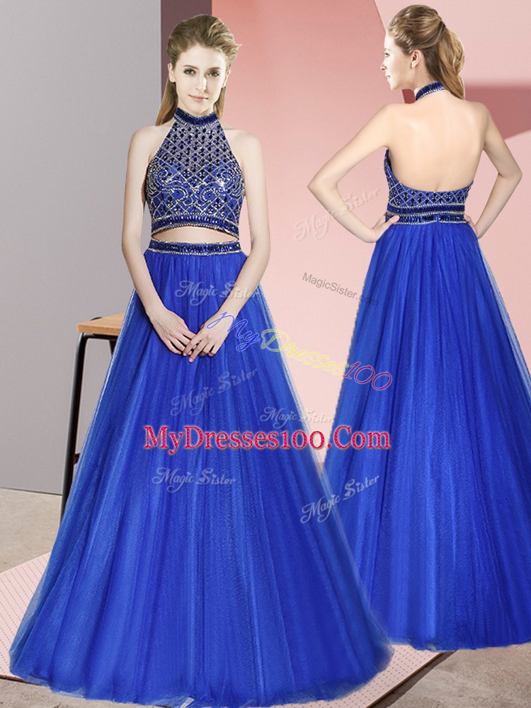 Free and Easy Royal Blue Tulle Backless Halter Top Sleeveless Floor Length Prom Dress Beading