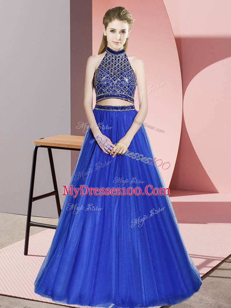 Free and Easy Royal Blue Tulle Backless Halter Top Sleeveless Floor Length Prom Dress Beading