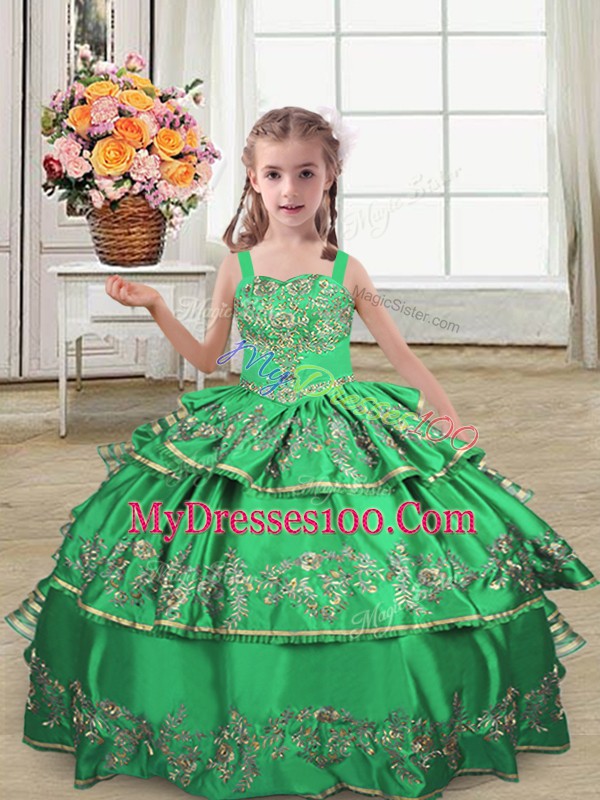 Sleeveless Floor Length Embroidery and Ruffled Layers Lace Up Little Girls Pageant Gowns with Green