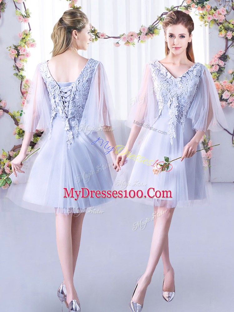 Fancy Lace Damas Dress Grey Lace Up Sleeveless Mini Length