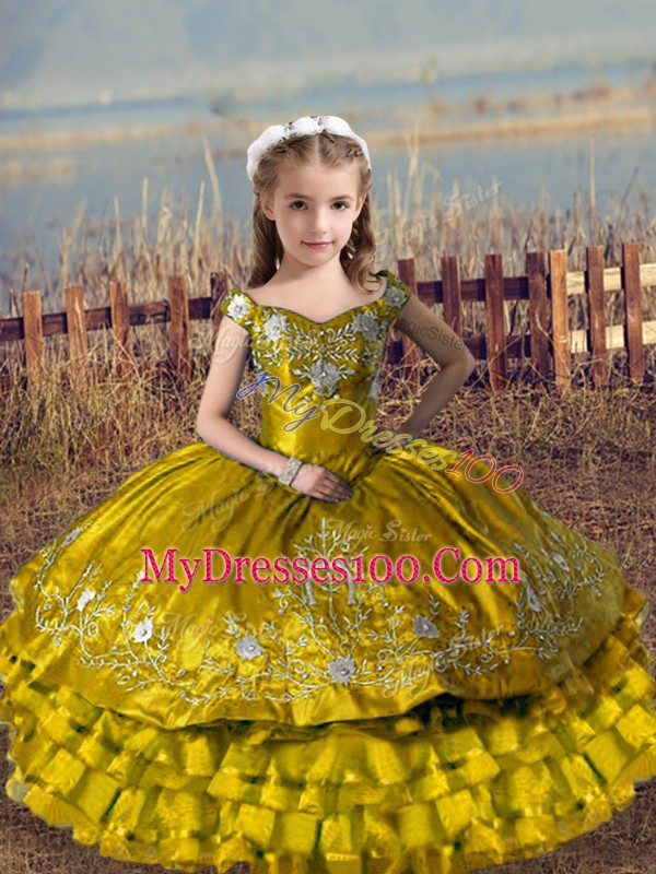 Simple Embroidery and Ruffled Layers High School Pageant Dress Brown Lace Up Sleeveless Floor Length