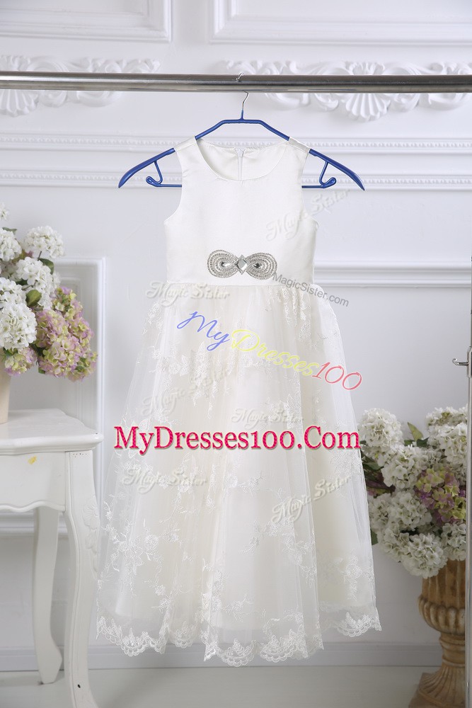 Elegant White Empire Beading and Lace Toddler Flower Girl Dress Zipper Tulle Sleeveless Floor Length
