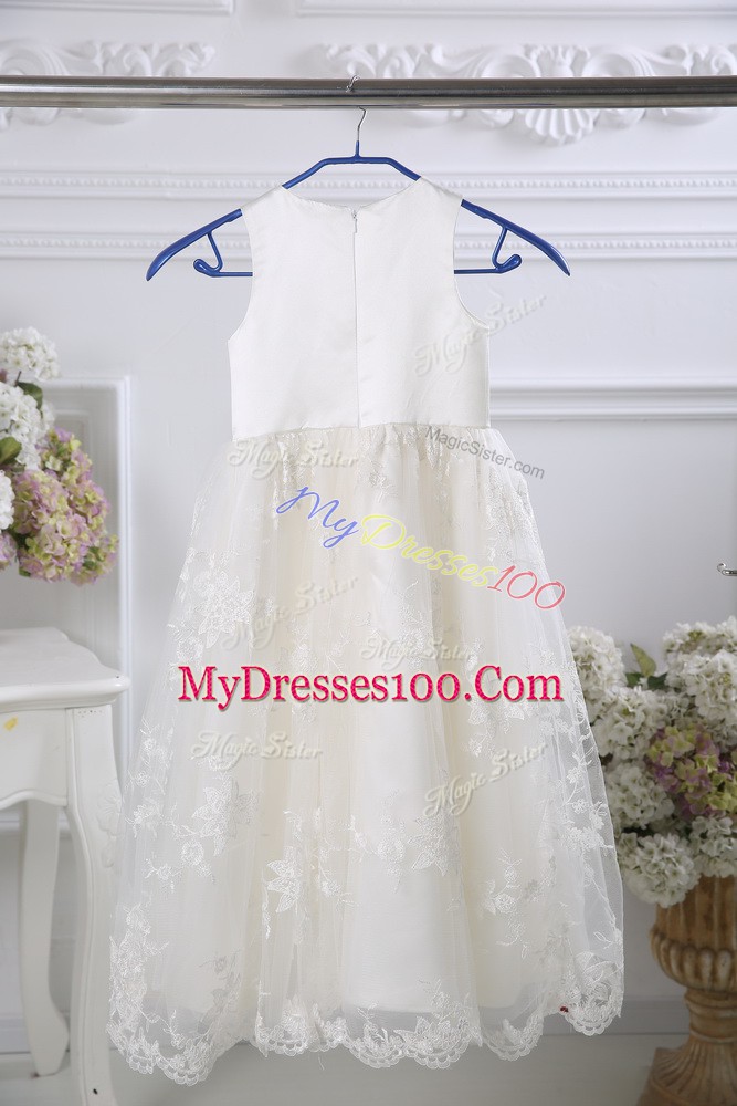 Elegant White Empire Beading and Lace Toddler Flower Girl Dress Zipper Tulle Sleeveless Floor Length