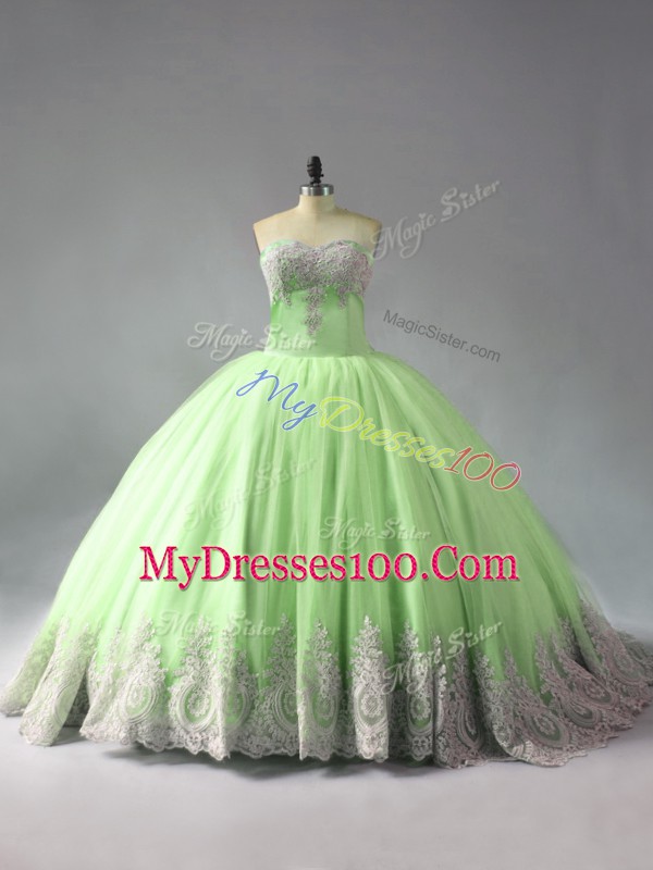 Sleeveless Court Train Beading and Appliques Lace Up 15th Birthday Dress