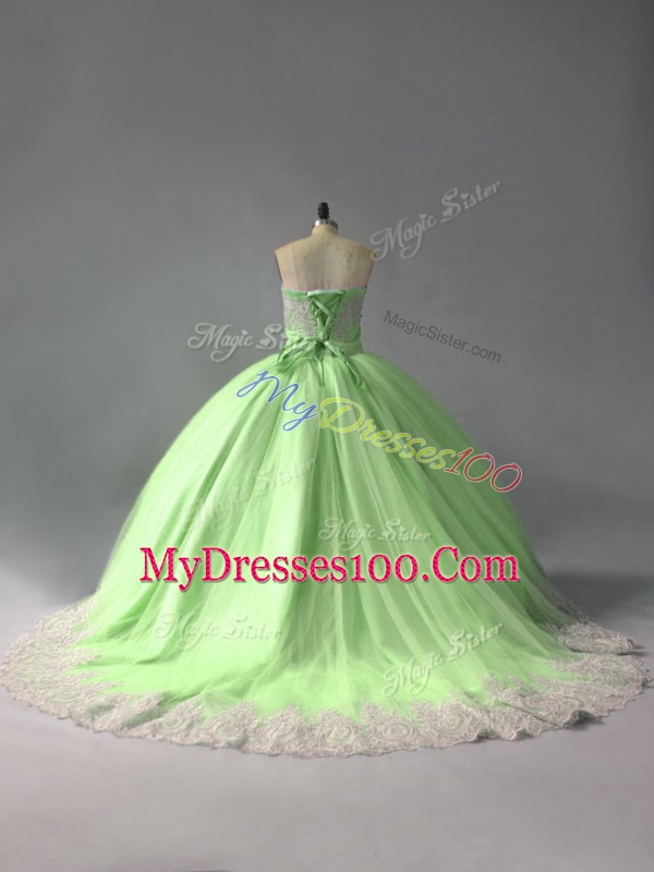 Sleeveless Court Train Beading and Appliques Lace Up 15th Birthday Dress
