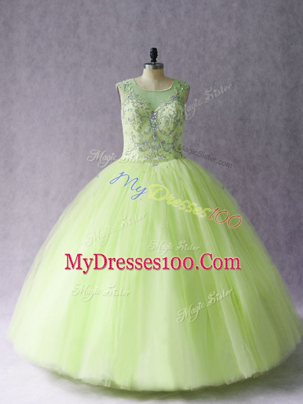 Deluxe Beading Vestidos de Quinceanera Yellow Green Lace Up Sleeveless Floor Length