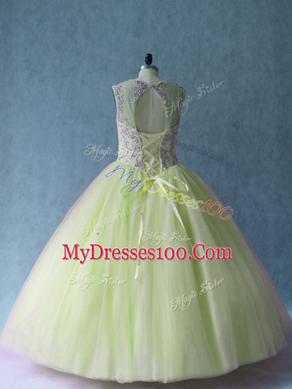 Deluxe Beading Vestidos de Quinceanera Yellow Green Lace Up Sleeveless Floor Length