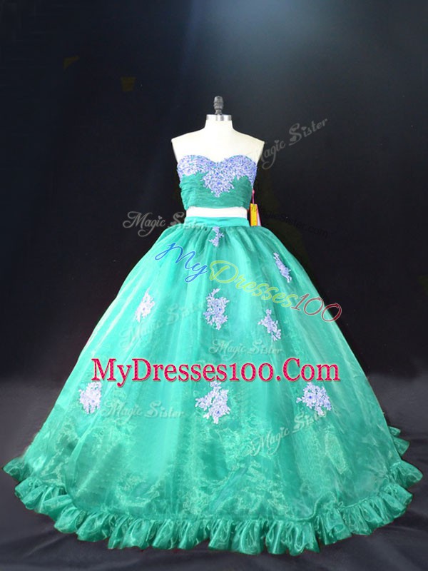 Turquoise Ball Gowns Organza Sweetheart Sleeveless Appliques Zipper 15th Birthday Dress
