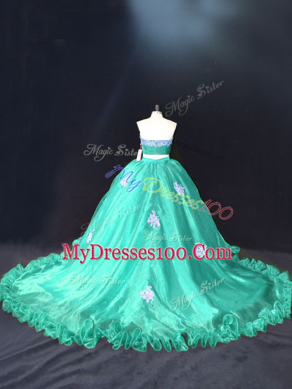 Turquoise Ball Gowns Organza Sweetheart Sleeveless Appliques Zipper 15th Birthday Dress