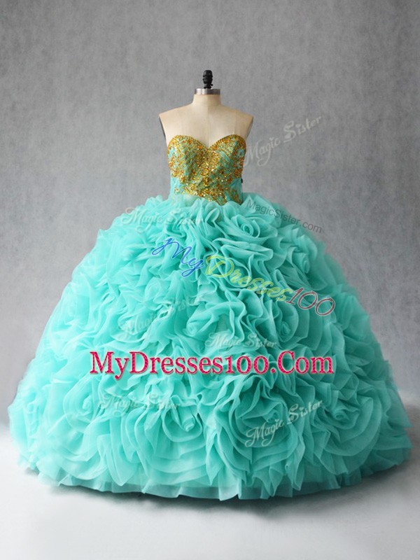 Custom Made Aqua Blue Sweetheart Neckline Beading and Ruffles 15 Quinceanera Dress Sleeveless Lace Up